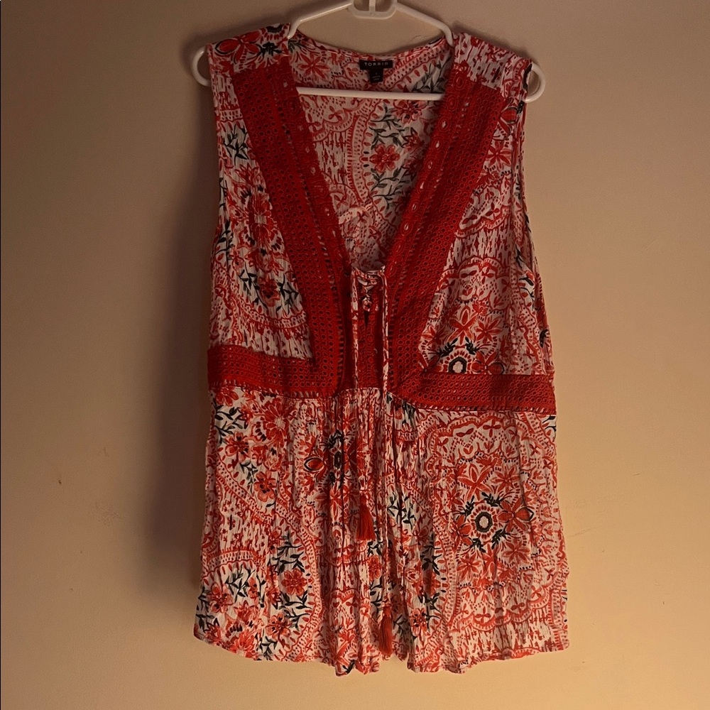 Torrid Red and White Boho Blouse